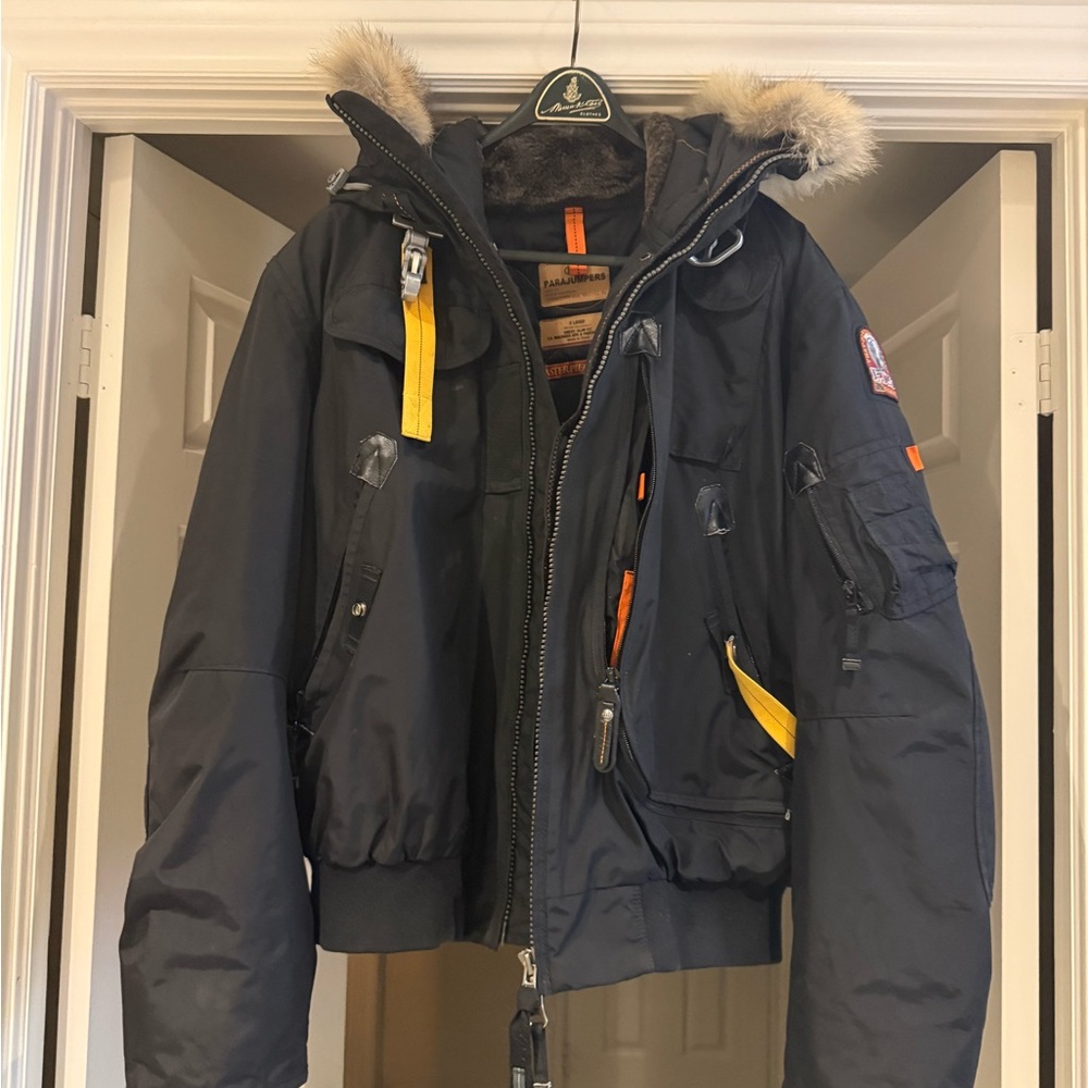 Parajumpers Men's Navy Puffer Jacket with Fur-Trim Hood and Yellow Accents